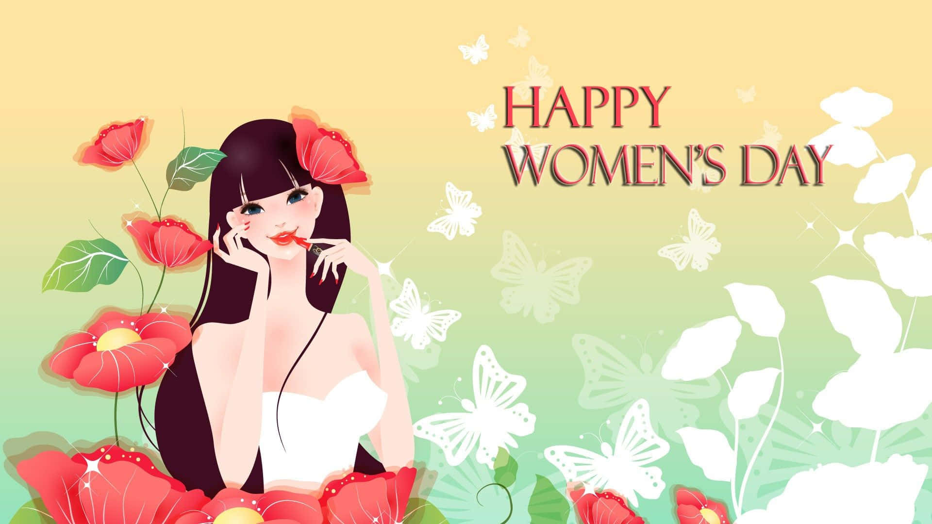 Flowers 桌布 壁紙 — 一位開心的插畫女性，深色頭髮和紅色花朵，在柔和的漸變背景上與蝴蝶一起微笑。