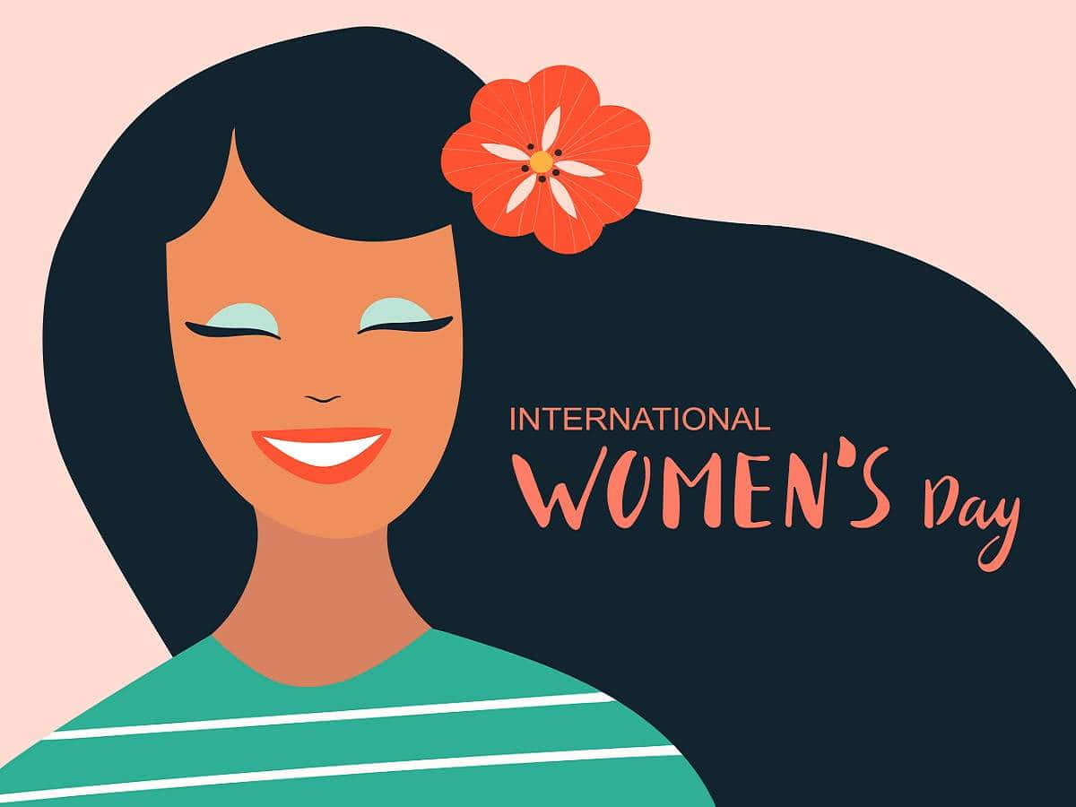 Black Girl 桌布 壁紙 — 一位開心的插畫女性，頭髮上插著一朵紅花，在「International Women's Day」文字旁微笑。