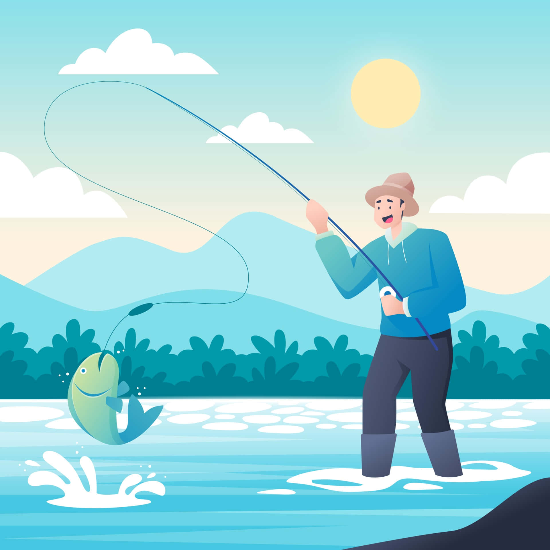 Fishing Rod 桌布 壁紙 — 一位開心的漁夫在晴朗的天空下，於明亮的藍色河流中拉起一條微笑的魚，遠方有山巒。