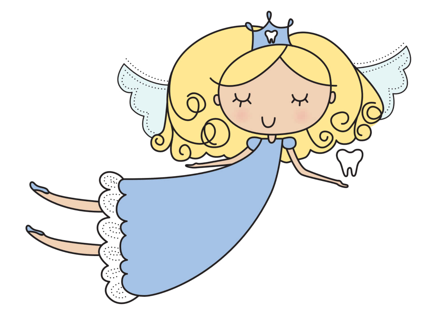 Tooth Fairy 桌布 壁紙 — 一位開心的牙仙子，金色捲髮，藍色翅膀，輕輕漂浮著，手持一顆牙齒。