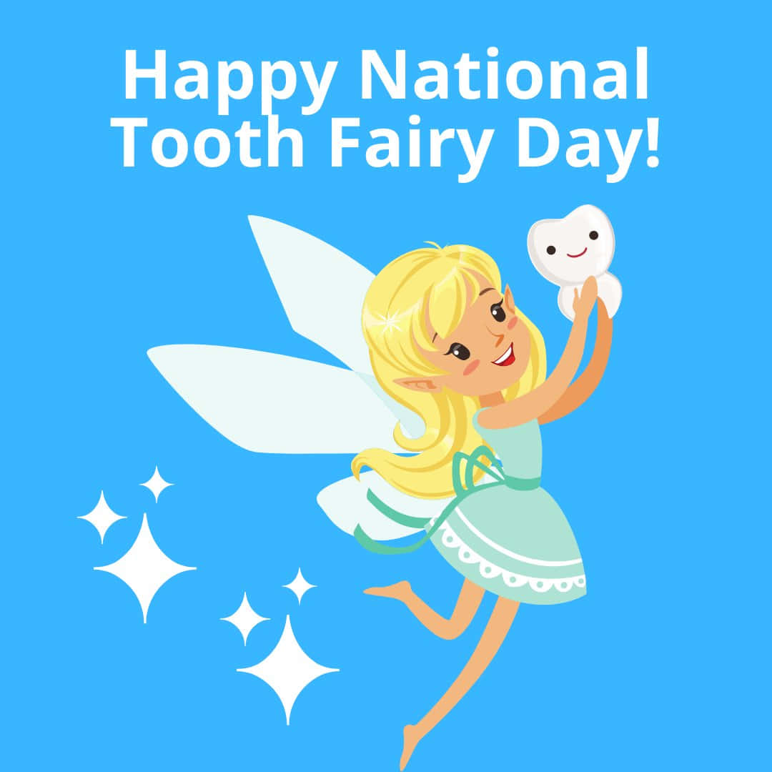 Tooth Fairy 桌布 壁紙 — 一位開心的牙仙子，金髮白翼，在閃爍的亮藍色背景上拿著一顆微笑的牙齒。