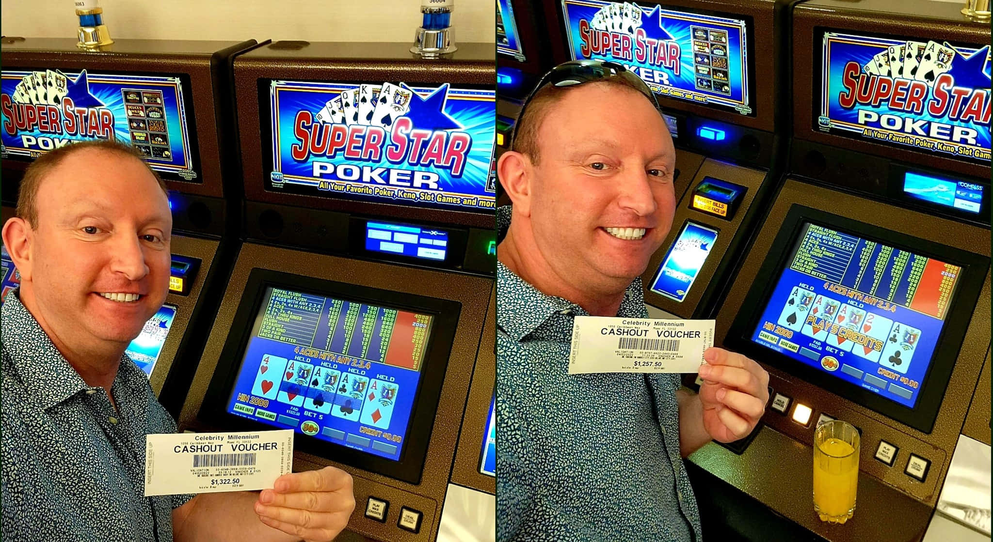 電玩遊戲 桌布 壁紙 — 一位開心的男子在賭場的Super Star Poker機前自豪地微笑，手持兌現券。