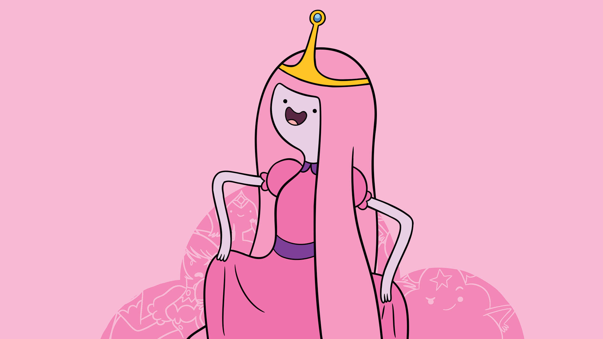 Princess 桌布 壁紙 — 一位開心的粉紅色頭髮公主，戴著金色皇冠，在純粉紅色背景上自信地微笑。
