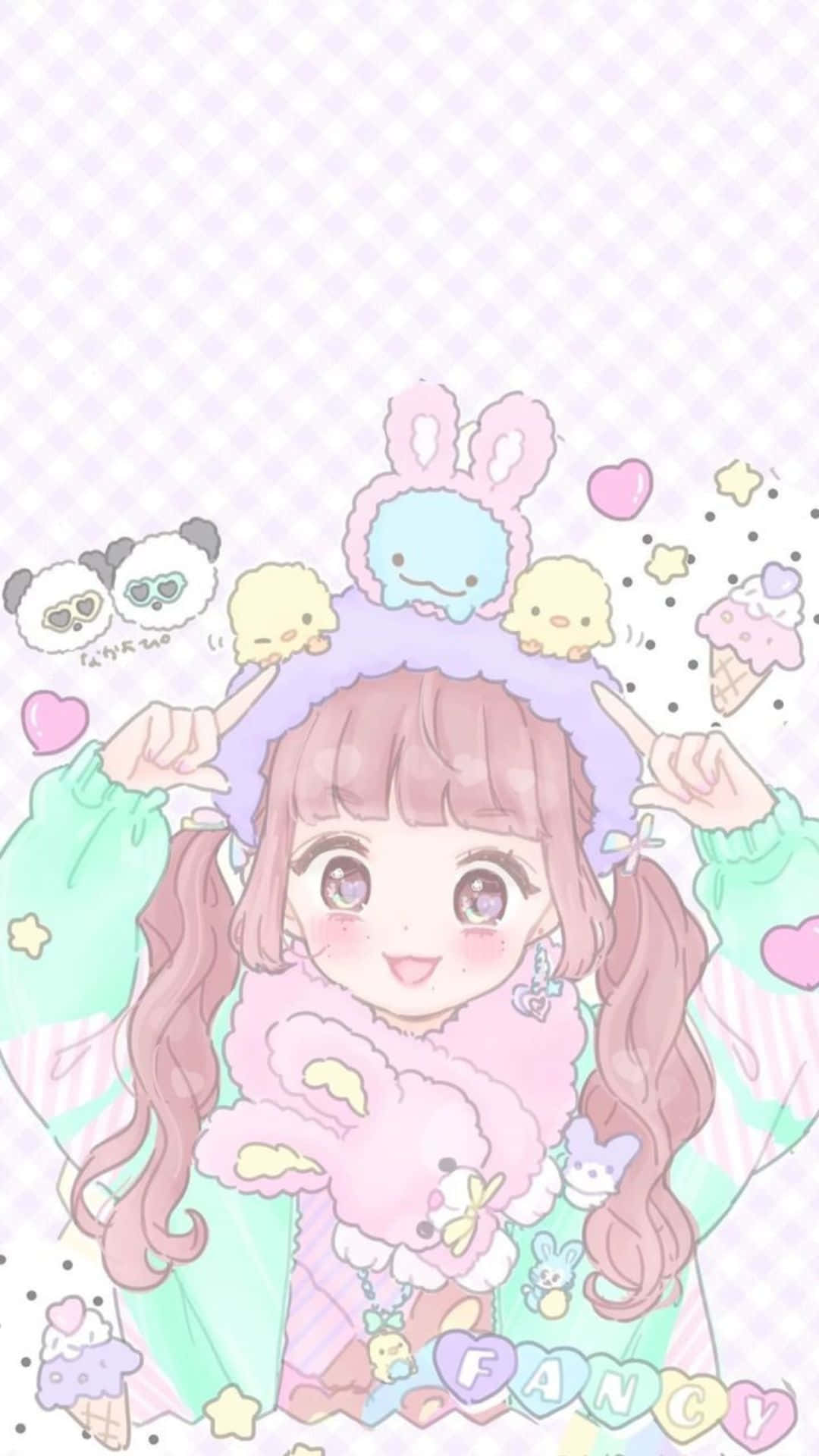 Kawaii Art 桌布 壁紙 — 一位開心的粉紅髮動漫女孩，在粉彩格紋背景上戴著一個由可愛角色組成的毛絨皇冠。