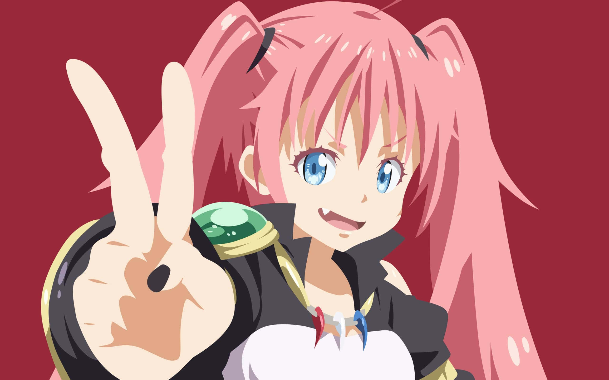 That Time I Got Reincarnated As A Slime 桌布 壁紙 — 一位開心的粉紅髮藍眼動漫女孩，在純紅色背景前微笑並比出和平手勢。
