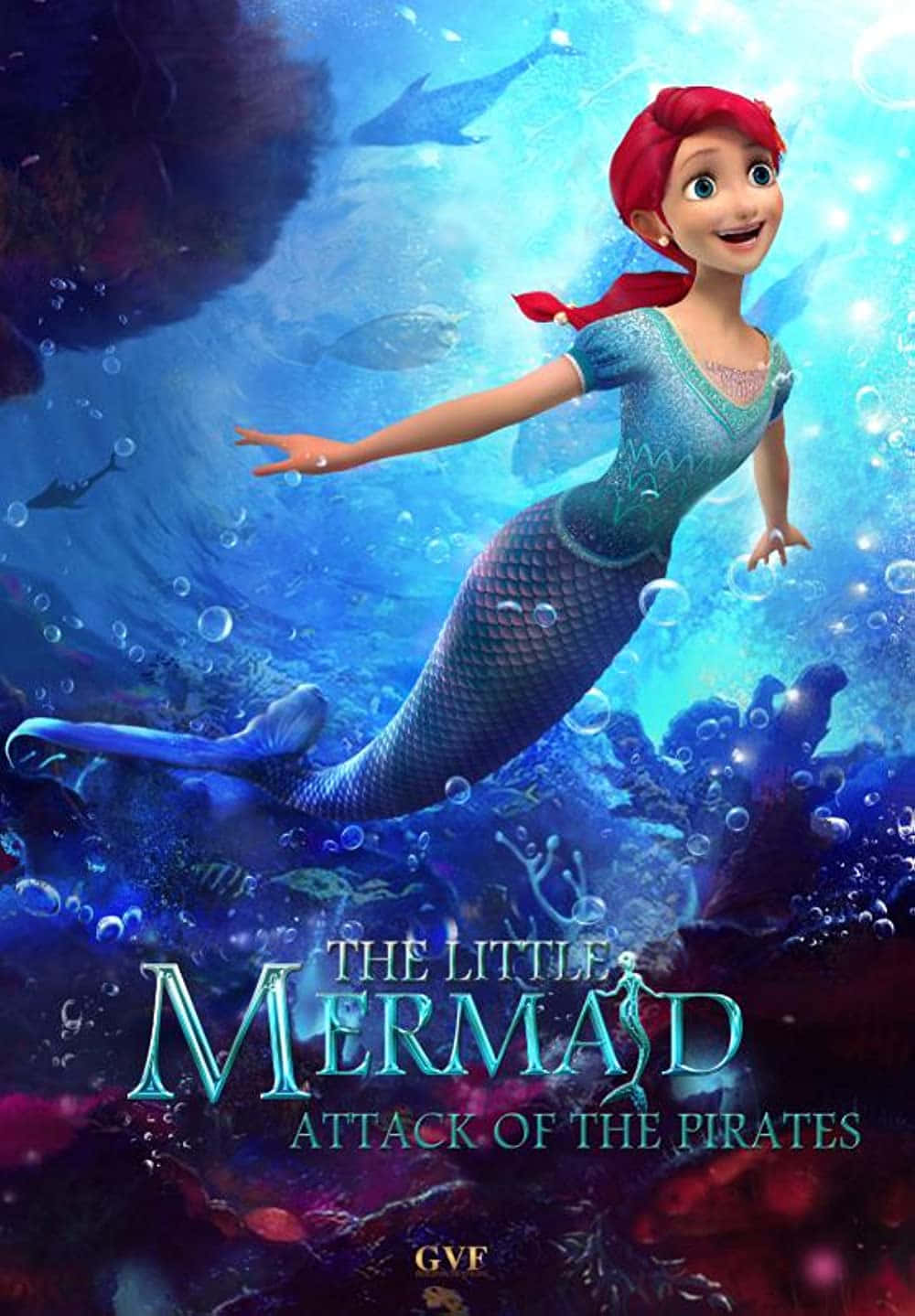 Mermaids 桌布 壁紙 — 一位開心的紅髮美人魚在充滿氣泡和遠處鯊魚的鮮豔藍色海底場景中游泳。