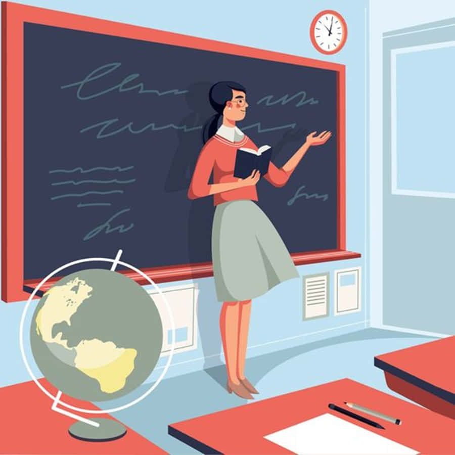 teachers 桌布 壁紙 — 一位開心的老師站在教室裡，拿著一本書，指向黑板，附近書桌上有一個地球儀。