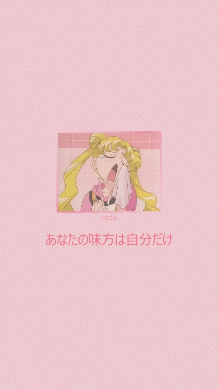 動漫女孩用毛巾掩嘴在粉紅色條紋背景上大笑