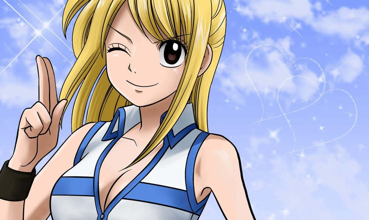 lucy heartfilia 桌布 壁紙 — 一位開心的金髮動漫女孩在閃爍的藍天背景下眨眼並做出和平手勢，天空中有心形輪廓。