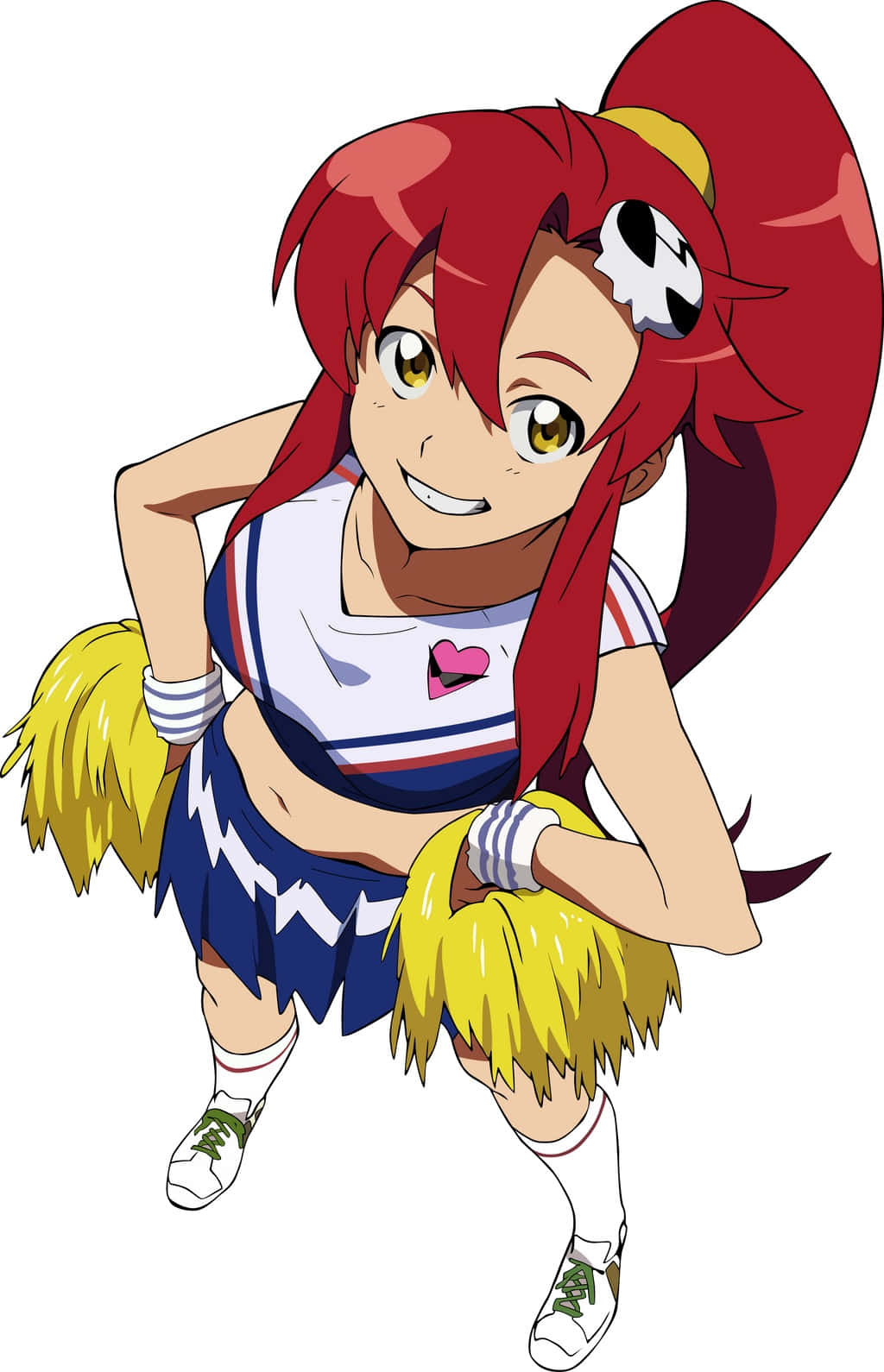 yoko littner 桌布 壁紙 — 一位開朗的動漫啦啦隊長，紅髮黃色絨球，在純白背景上擺出充滿活力的姿勢。