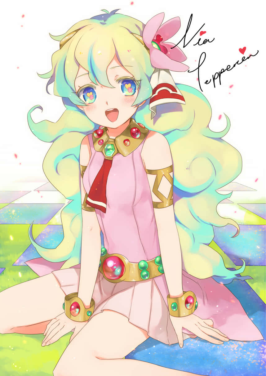 Nia Teppelin 桌布 壁紙 — 一位開朗的動漫女孩，擁有彩虹色頭髮和鑲有寶石的粉紅色服裝，坐在色彩繽紛的幾何地板上。