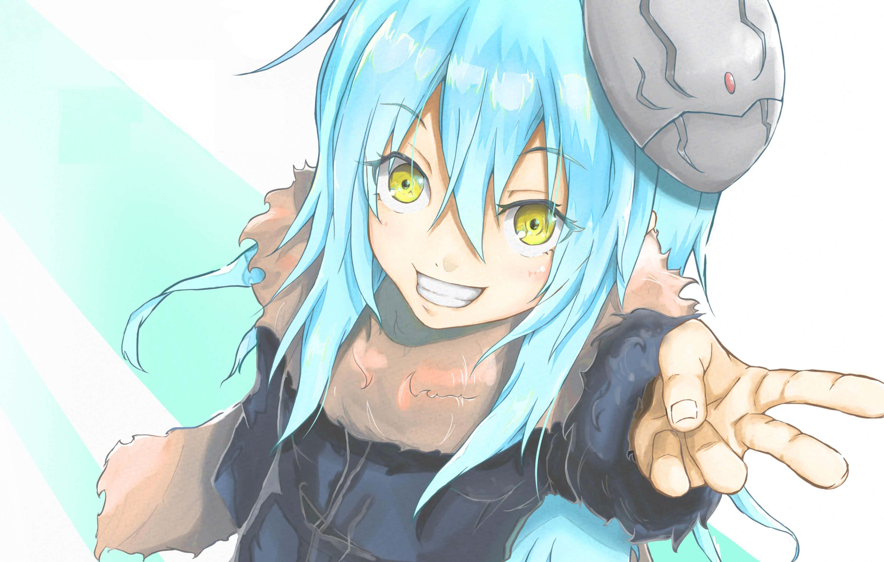 That Time I Got Reincarnated As A Slime 桌布 壁紙 — 一位開朗的動漫女孩，擁有明亮的藍色頭髮和黃色眼睛，戴著破裂的頭盔，頑皮地揮手。