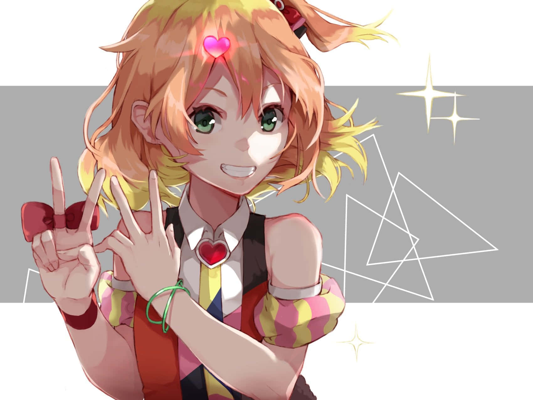 Macross Delta 桌布 壁紙 — 一位開朗的動漫女孩，擁有橙色頭髮和綠色眼睛，微笑著比出和平手勢，點綴著愛心和閃光，背景是幾何灰色。
