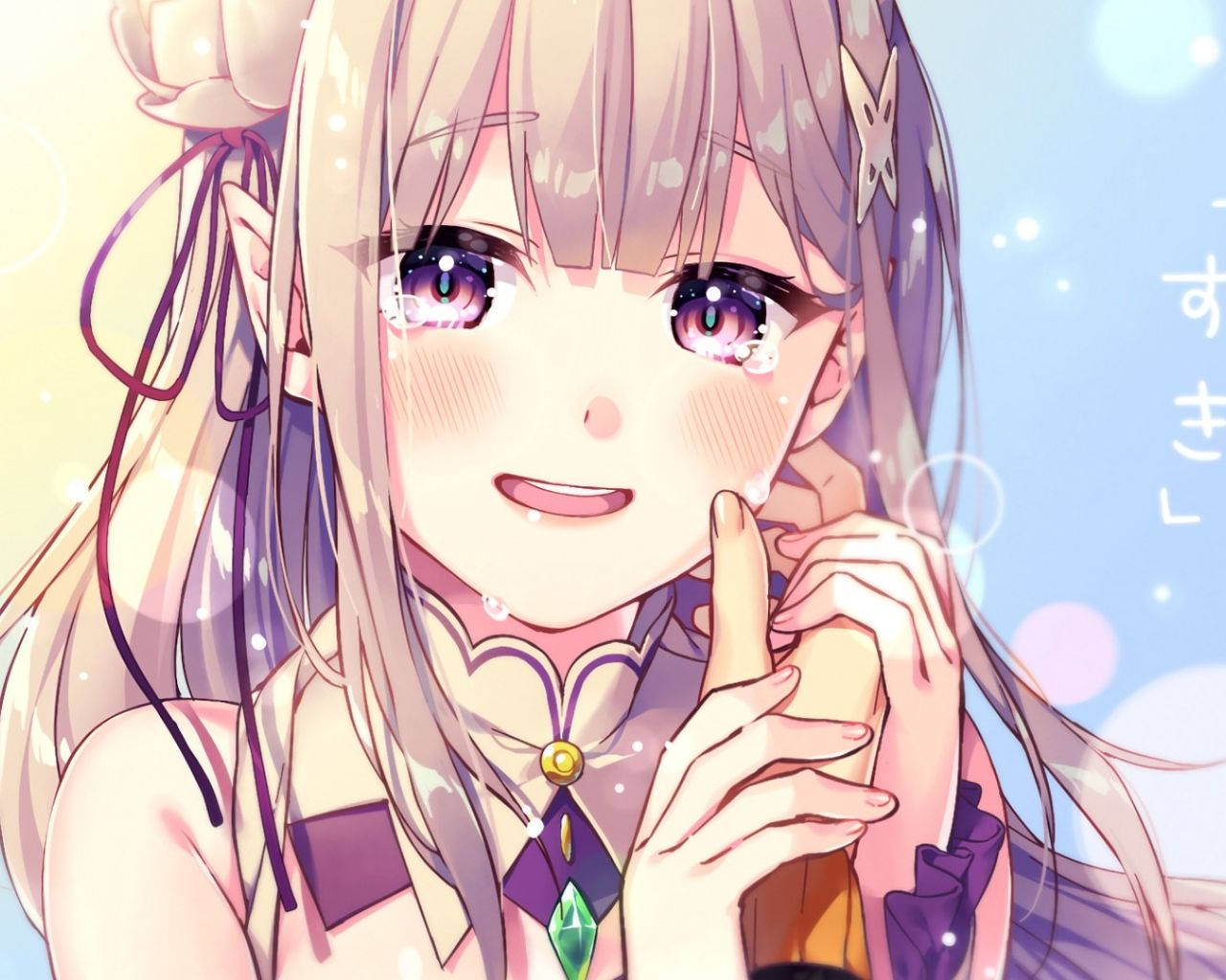 薰衣草色頭髮的動漫女孩微笑著拿著一個瓶子，周圍有閃爍的光芒。 — 憂鬱動漫女孩 GIF 壁紙