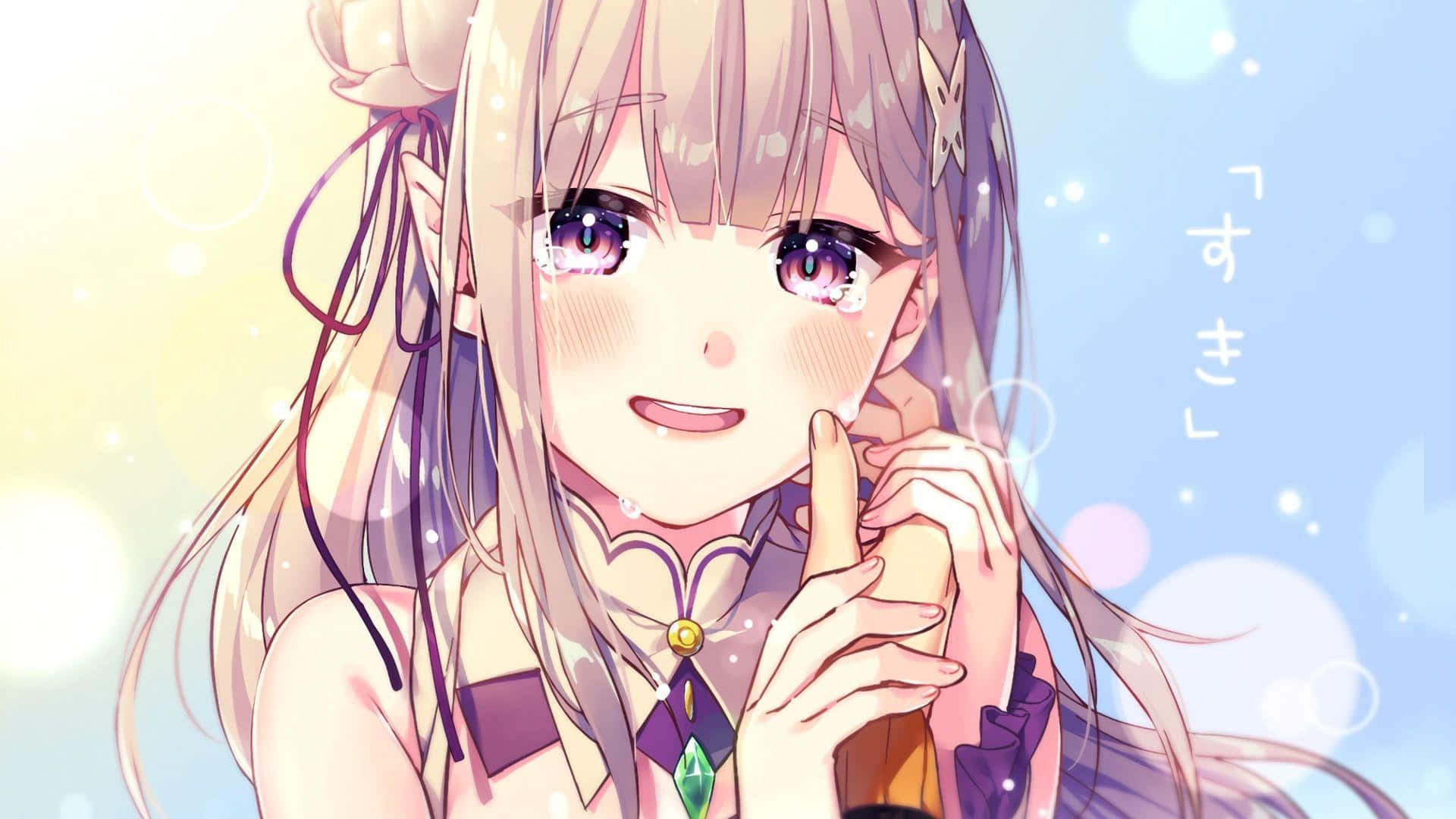 cry 桌布 壁紙 — 一位開朗的動漫女孩，擁有薰衣草色的頭髮和閃閃發光的眼睛，在柔和的散景背景前微笑著將手指放在嘴唇上。