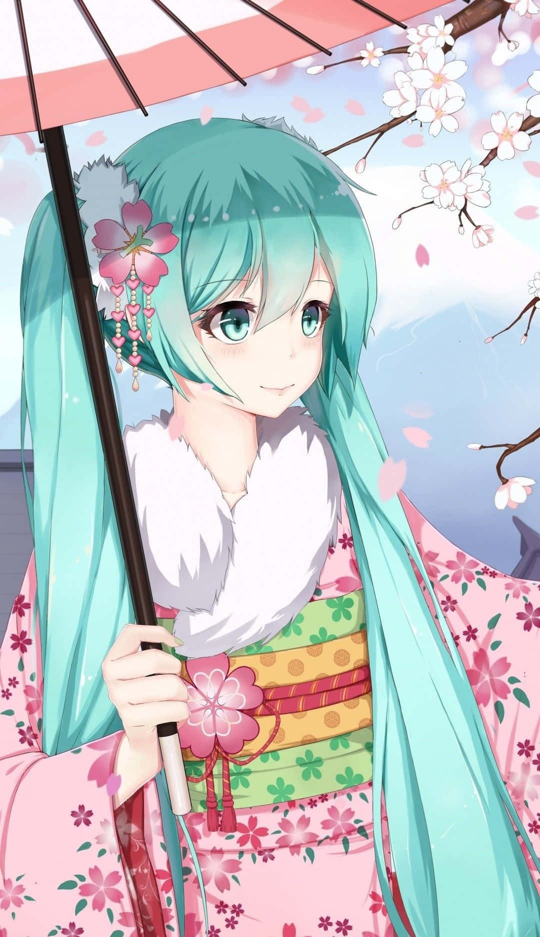 Vocaloid 桌布 壁紙 — 一位開朗的動漫女孩，擁有藍綠色頭髮，在飄落的櫻花下撐著粉紅色的傘。