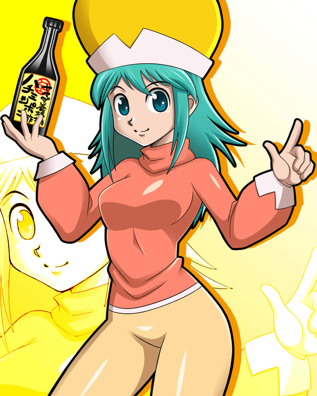 Hunter X Hunter Ponzu 桌布 壁紙 — 一位開朗的動漫女孩，擁有藍綠色頭髮和護士帽，在明亮的黃色背景前拿著一瓶清酒。