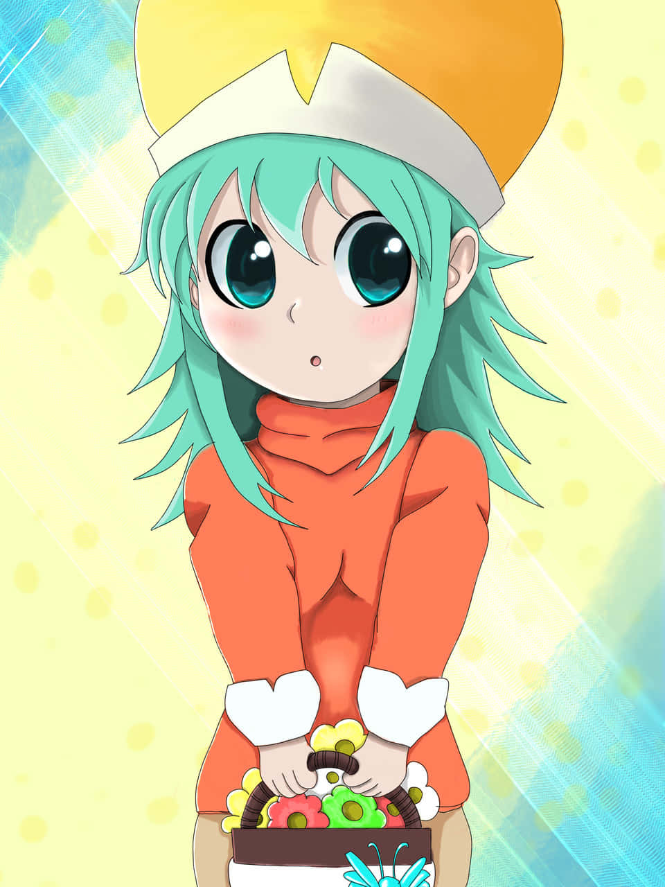 Hunter X Hunter Ponzu 桌布 壁紙 — 一位開朗的動漫女孩，擁有藍綠色頭髮和皇冠，在明亮的黃藍漸變背景前，手持一籃色彩繽紛的花朵。
