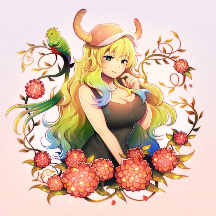 Lucoa 桌布 壁紙 — 一位開朗的動漫女孩，擁有長長的彩虹色頭髮和帶角的帽子，坐在盛開的橙色花朵中，附近有一隻綠色鸚鵡棲息。