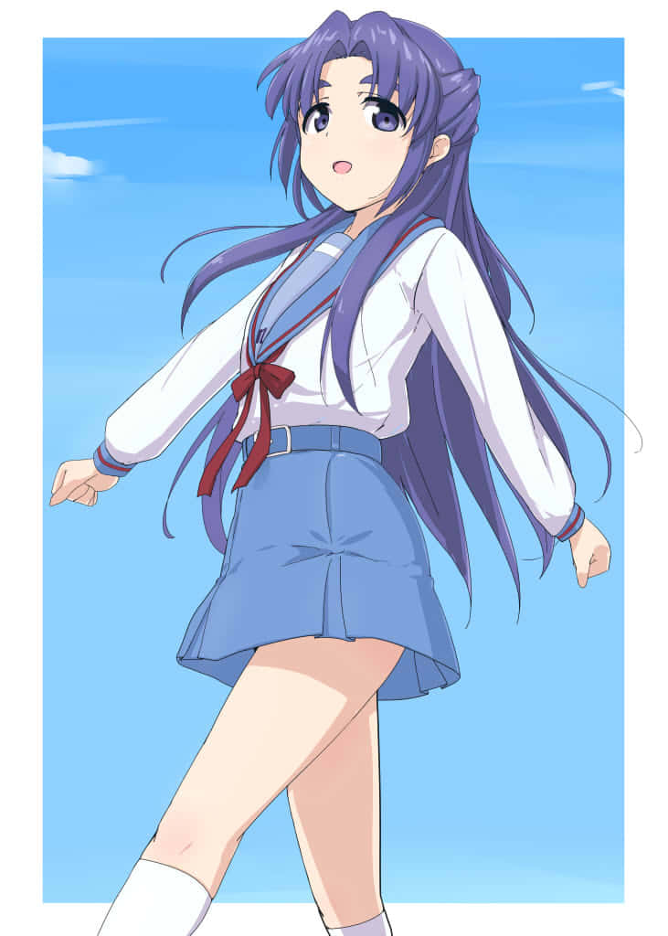 Ryoko Asakura 桌布 壁紙 — 一位開朗的動漫女孩，擁有長長的紫色頭髮和藍色眼睛，站在清澈的藍天下，穿著白色襯衫和藍色裙子。