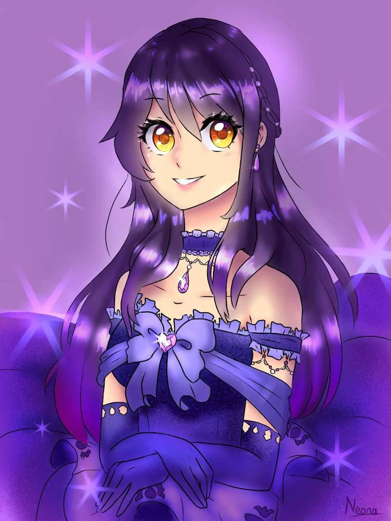 Aphmau 桌布 壁紙 — 一位開朗的動漫女孩，擁有長長的紫色頭髮和金色眼睛，坐在閃閃發光的紫色背景前微笑。