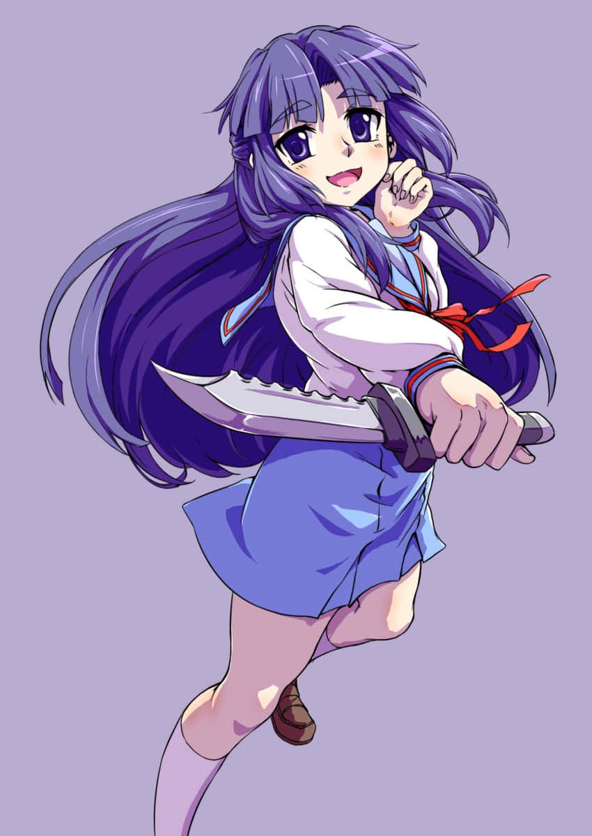 Ryoko Asakura 桌布 壁紙 — 一位開朗的動漫女孩，擁有長長的紫色頭髮，在純薰衣草色背景前動感地擺姿勢，揮舞著一把大刀。