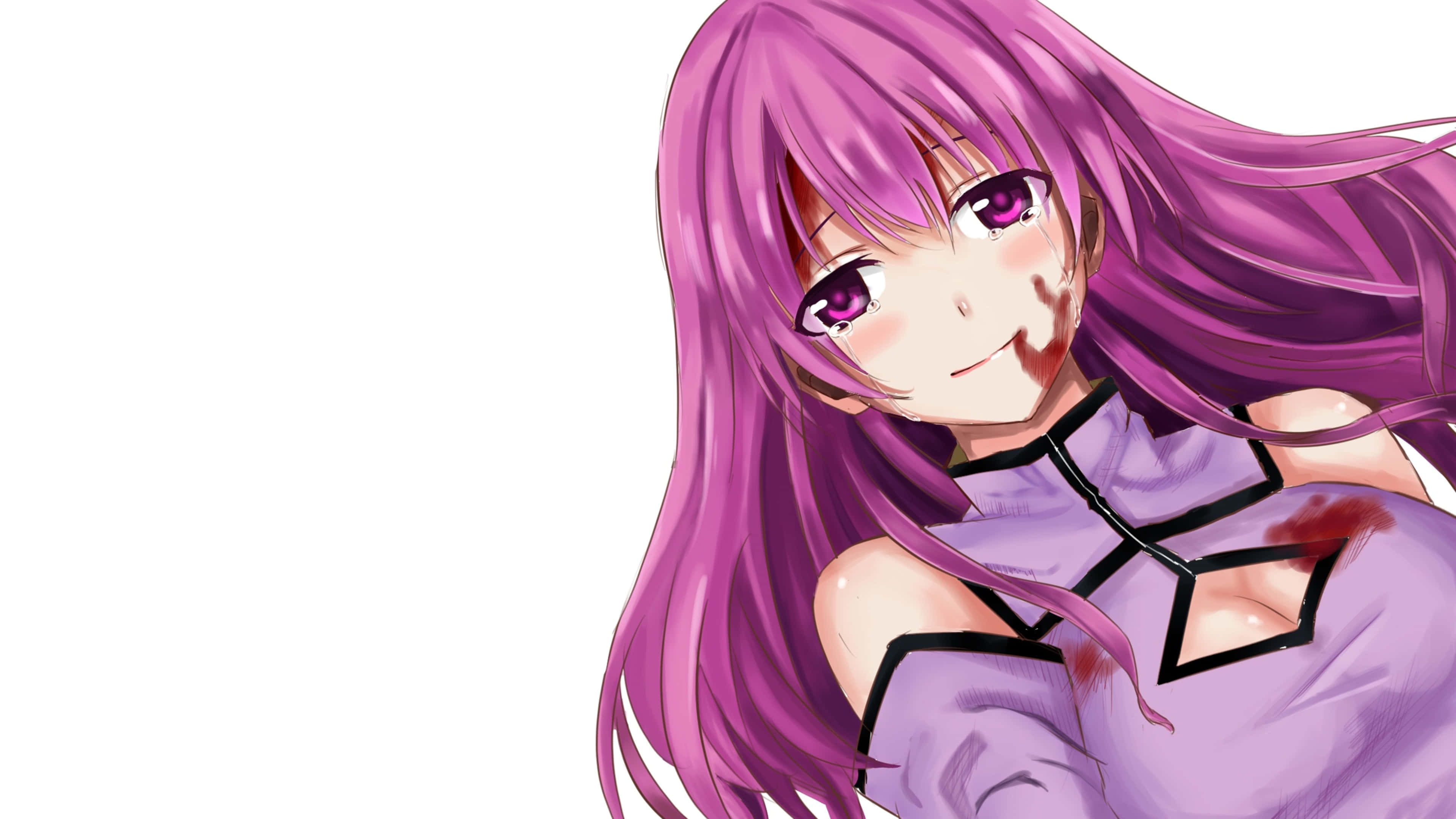 Akame Ga Kill 4K 桌布 壁紙 — 一位開朗的動漫女孩，擁有長長的紫色飄逸頭髮和相配的眼睛，穿著帶有黑色飾邊的紫色服裝微笑。