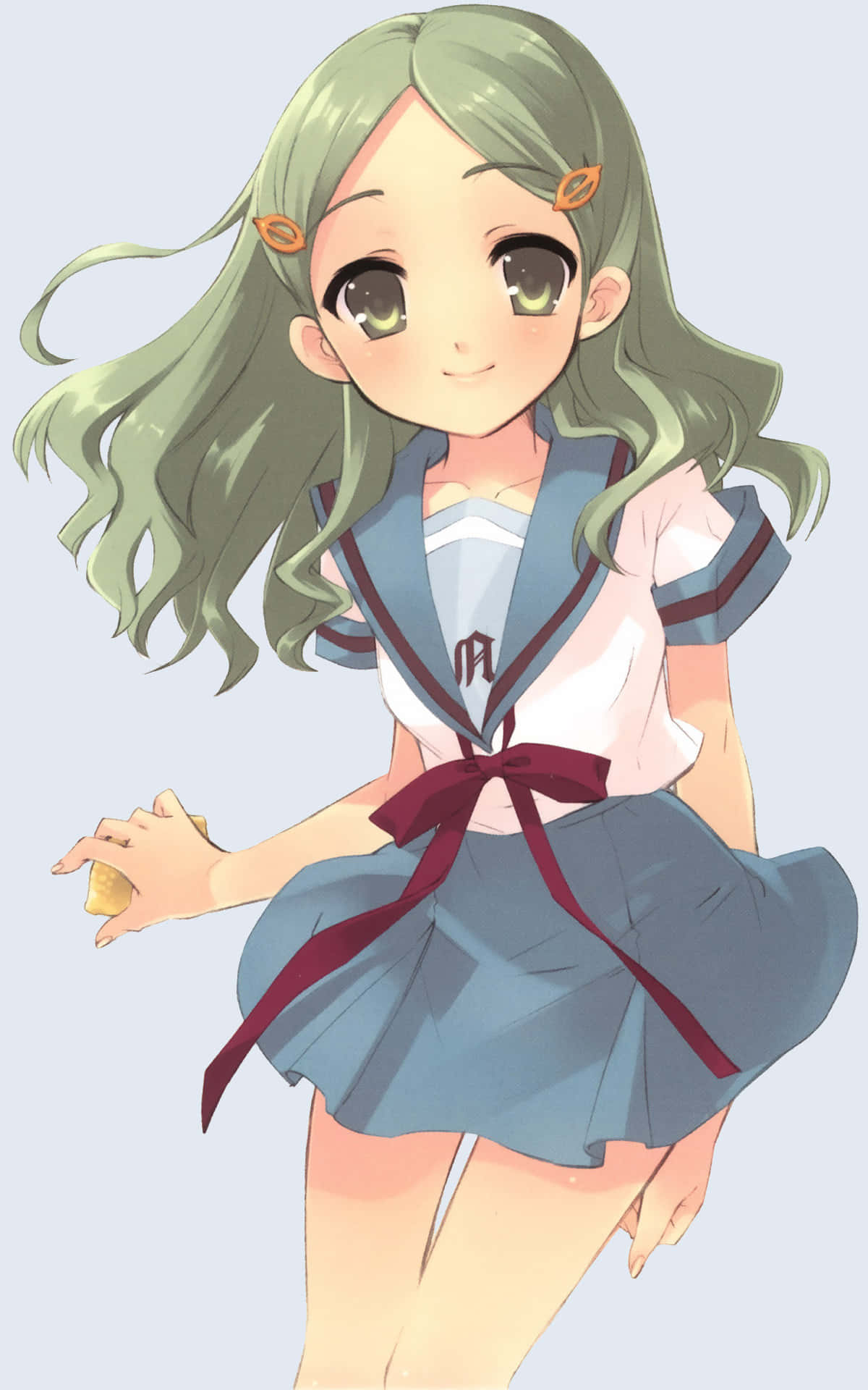 Emiri Kimidori 桌布 壁紙 — 一位開朗的動漫女孩，擁有長長的綠色頭髮和金色眼睛，穿著帶有紅色蝴蝶結的藍色水手服微笑。