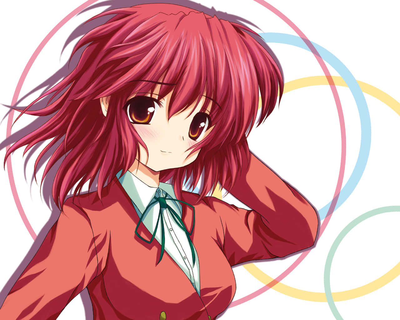 Minori Kushieda 桌布 壁紙 — 一位開朗的動漫女孩，擁有鮮豔的紅髮和溫暖的棕色眼睛，微笑著穿著帶有綠色蝴蝶結的紅色襯衫。