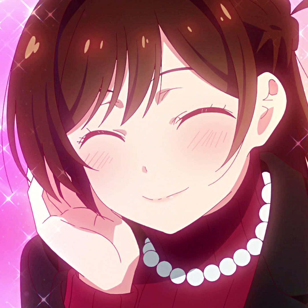 Chizuru Maihara 桌布 壁紙 — 一位開朗的動漫女孩，棕色頭髮，在閃閃發光的粉紅色背景上，用手托著下巴，溫暖地微笑。