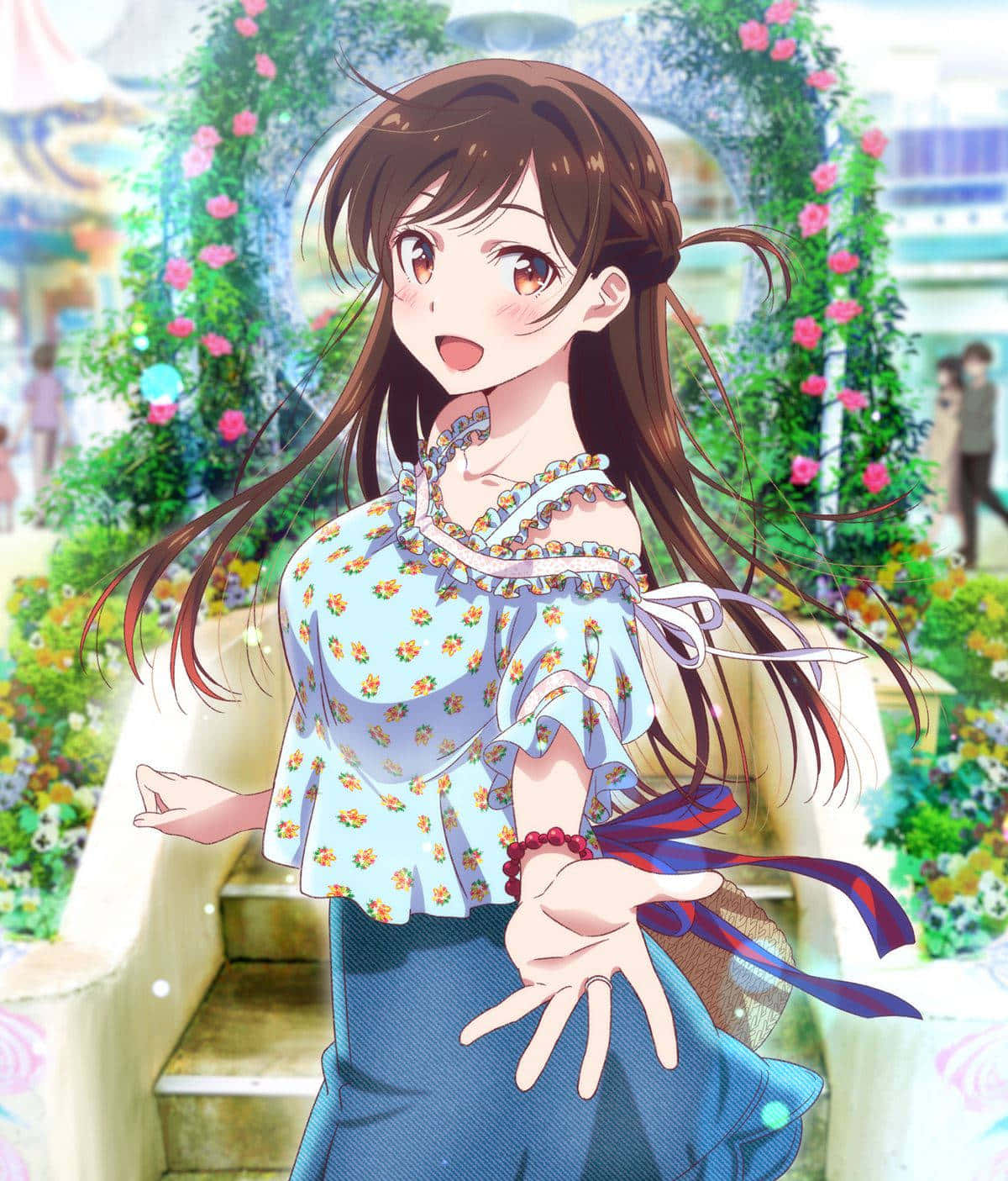 Animated 桌布 壁紙 — 一位開朗的動漫女孩，棕色頭髮，穿著花卉上衣，在盛開的粉紅色拱門下燦爛微笑。