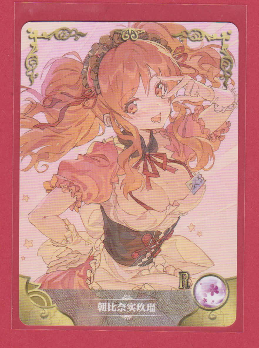 Mikuru Asahina 桌布 壁紙 — 一位開朗的動漫女孩，橙色頭髮，穿著粉紅色連衣裙，在裝飾華麗的金邊卡片上頑皮地擺姿勢。