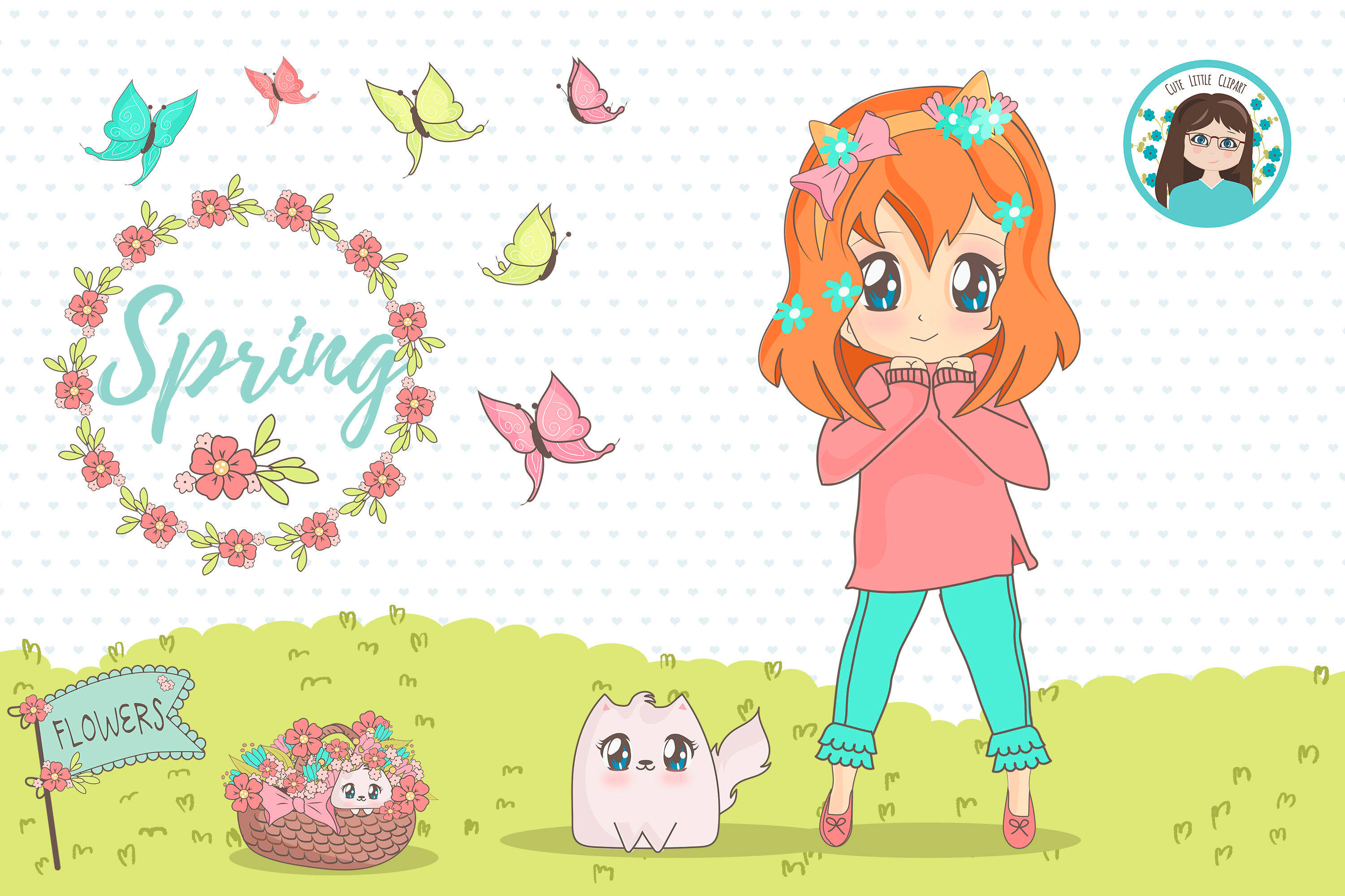 Cute Spring 桌布 壁紙 — 一位開朗的動漫女孩，橙色頭髮，穿著粉紅色上衣，站在春天草地上，旁邊有一隻可愛的白貓，還有蝴蝶和花環。