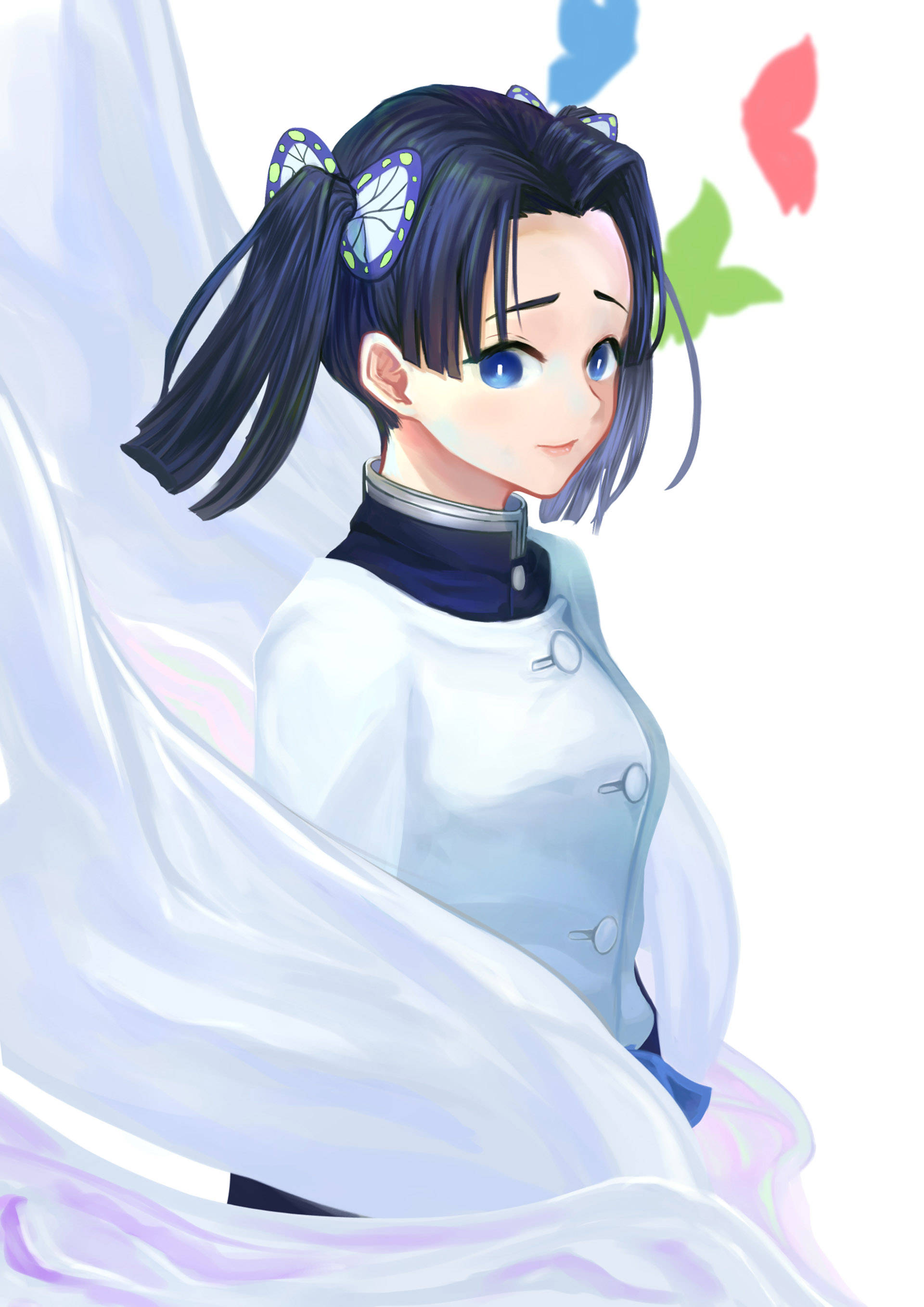aoi kanzaki 桌布 壁紙 — 一位開朗的動漫女孩，深色雙馬尾和藍色眼睛微笑著，色彩繽紛的蝴蝶在她飄逸的白色衣服周圍飛舞。