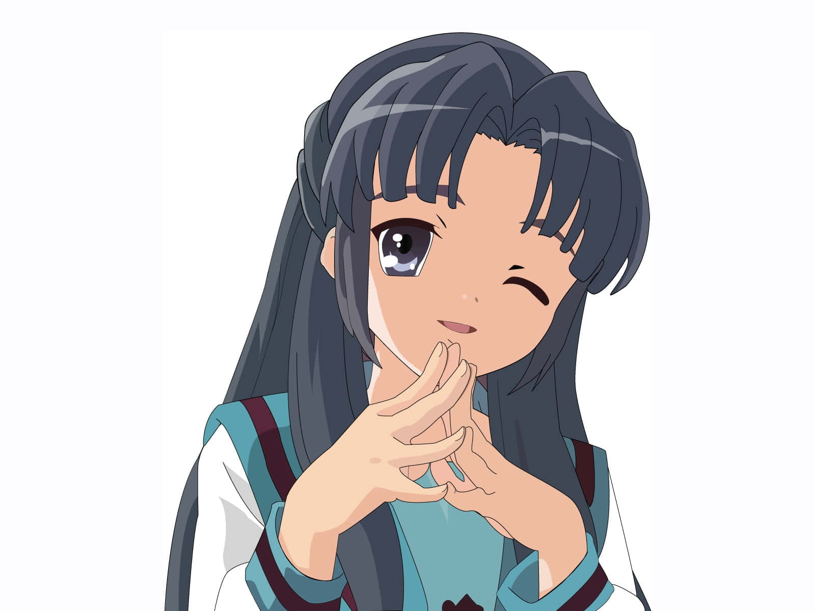 Ryoko Asakura 桌布 壁紙 — 一位開朗的動漫女孩，深色頭髮，雙手合十放在臉旁，俏皮地眨眼。
