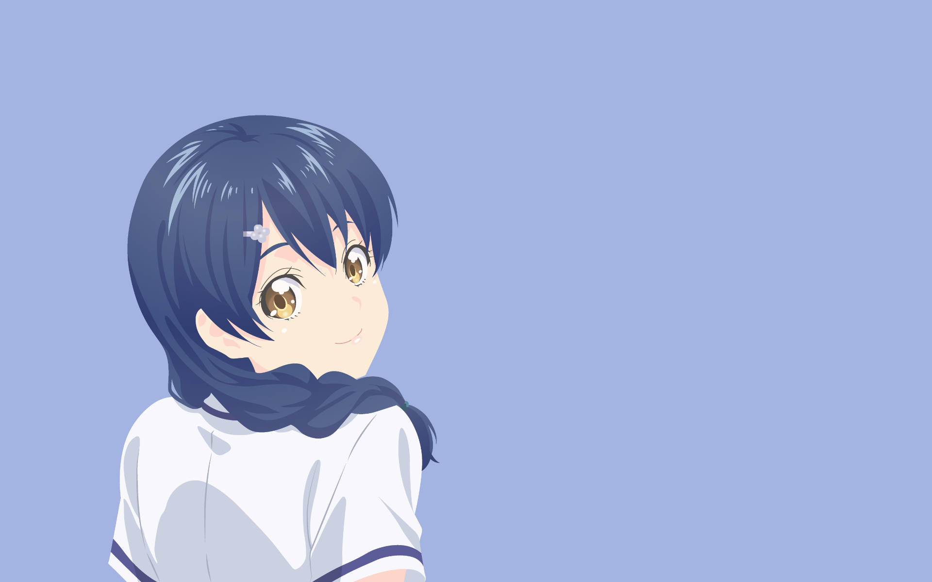 food wars shokugeki no soma 桌布 壁紙 — 一位開朗的動漫女孩，深藍色頭髮和金色眼睛，在純色薰衣草背景上溫柔微笑。