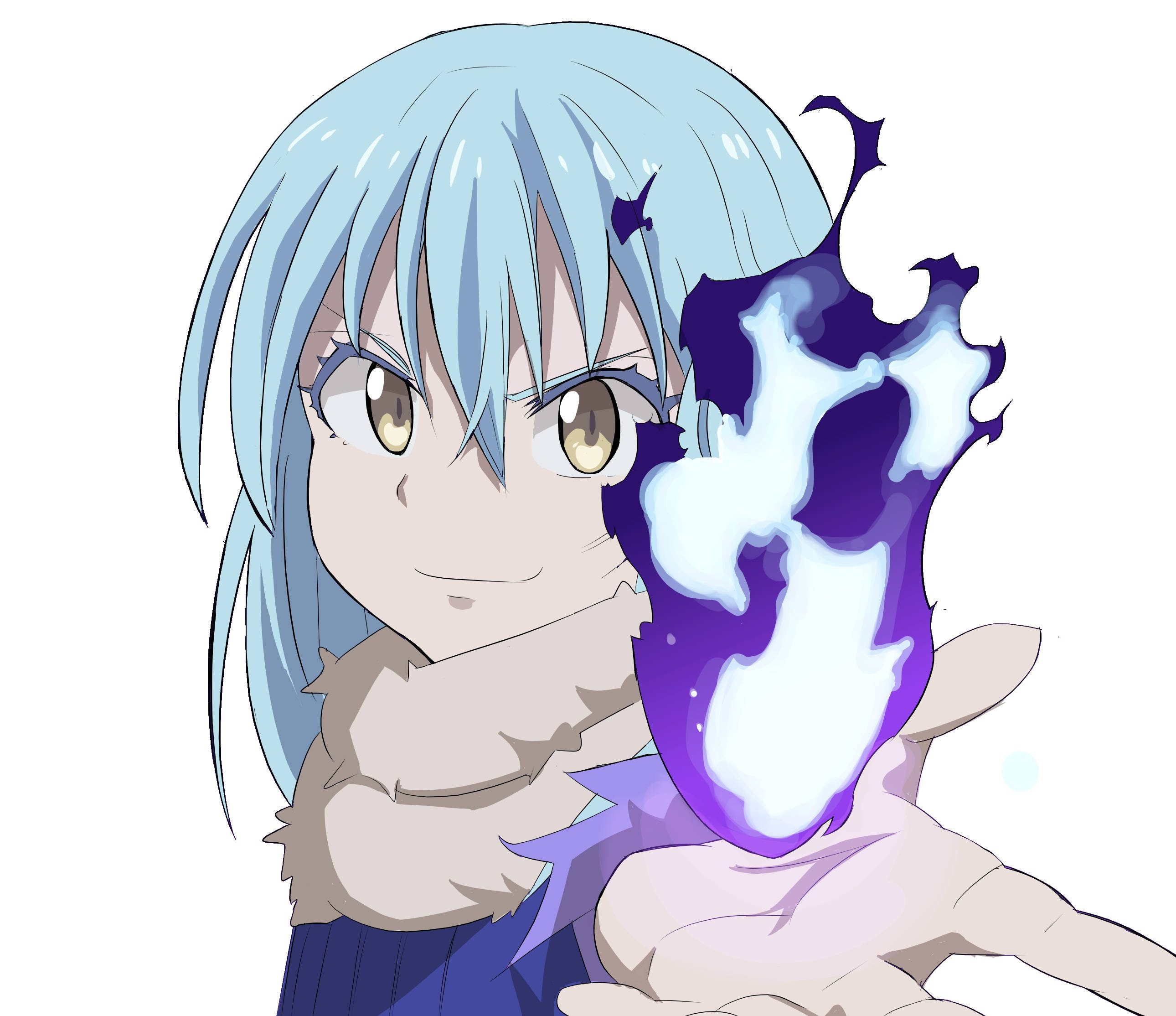 Rimuru 桌布 壁紙 — 一位開朗的動漫女孩，淺藍色頭髮，手中握著發光的紫色和白色魔法火焰。