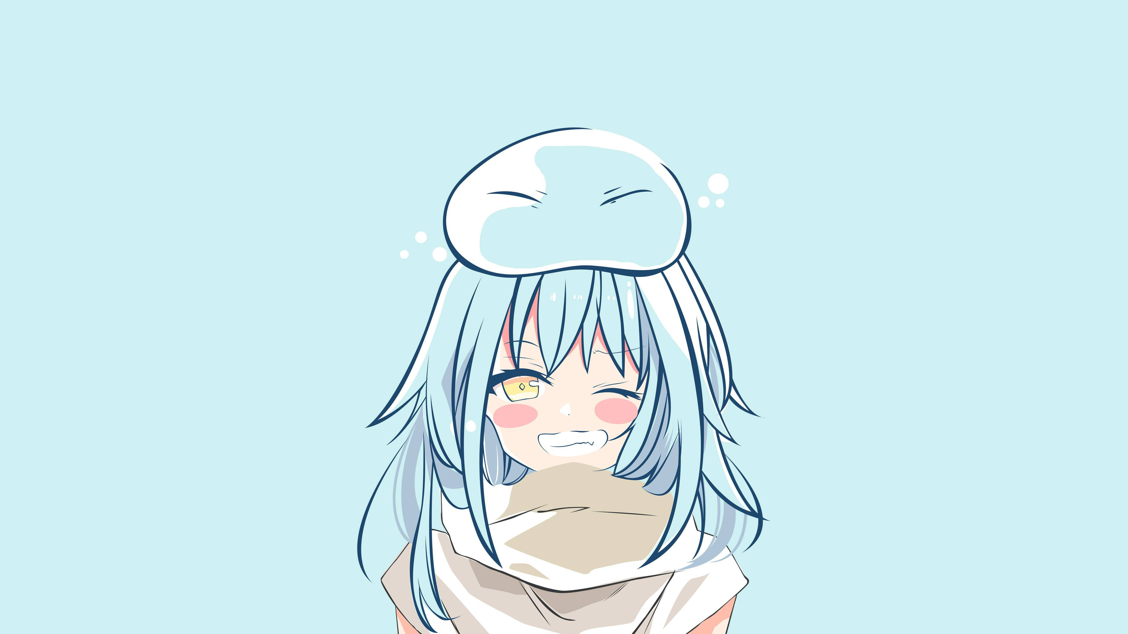 Rimuru 桌布 壁紙 — 一位開朗的動漫女孩，淺藍色頭髮，戴著廚師帽，在柔和的藍色背景上溫暖地微笑。
