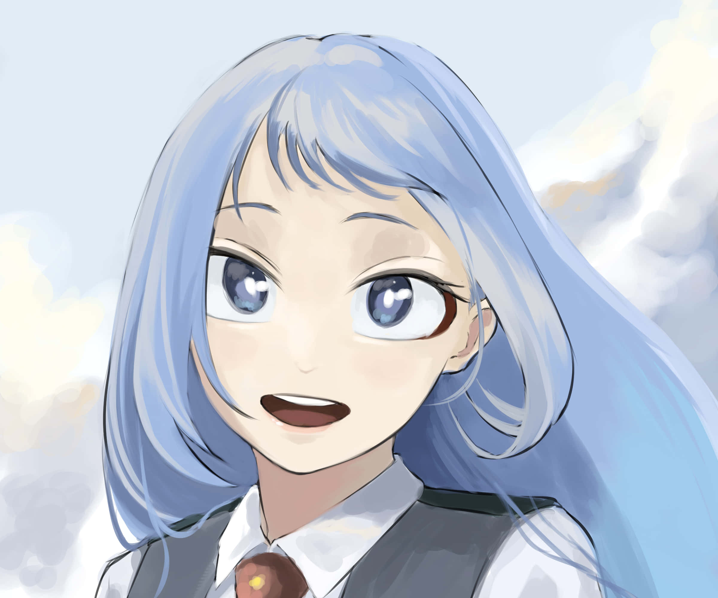 Nejire Hado 桌布 壁紙 — 一位開朗的動漫女孩，淺藍色頭髮和明亮的眼睛，在柔軟多雲的天空背景下溫暖地微笑。