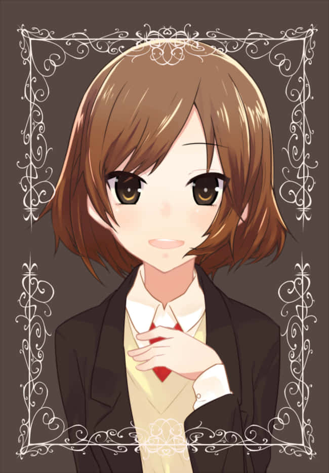 Haruhi Sasaki 桌布 壁紙 — 一位開朗的動漫女孩，留著棕色鮑伯頭，眼神溫暖，在深色背景襯托下，被華麗的白色漩渦環繞，她輕輕微笑，一邊調整紅色領帶。