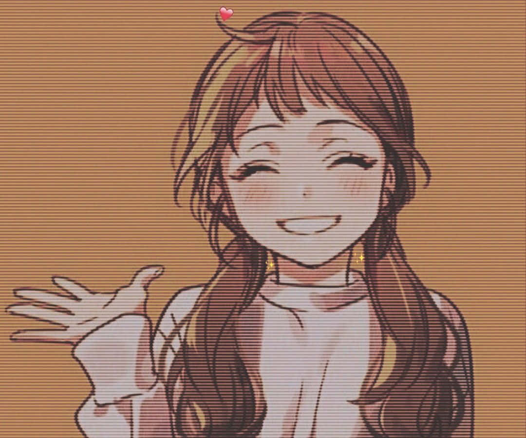 Cute Aesthetic Profile 桌布 壁紙 — 一位開朗的動漫女孩，留著長長的棕色頭髮，在溫暖的棕色條紋背景前快樂地揮手，頭頂上漂浮著一顆心。