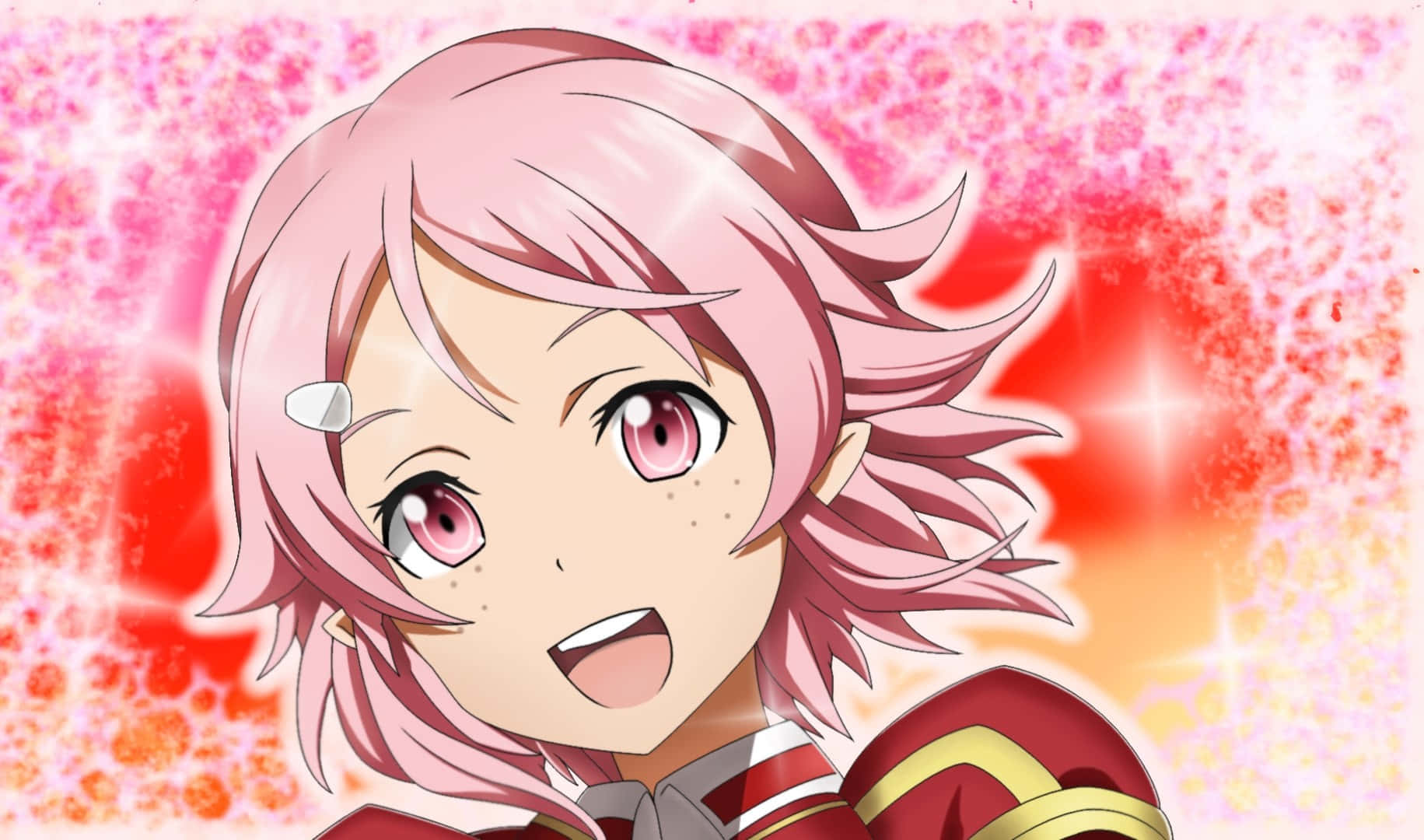 Sword Art Online Lisbeth 桌布 壁紙 — 一位開朗的動漫女孩，粉紅色的頭髮和眼睛，在閃爍的紅色和粉紅色背景前閃耀著光芒。