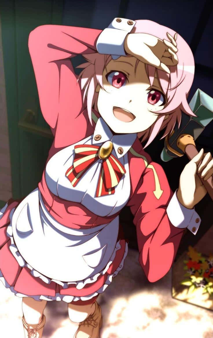Sword Art Online Lisbeth 桌布 壁紙 — 一位開朗的動漫女孩，粉紅色頭髮，紅色眼睛，穿著女僕裝，拿著錘子，用手遮擋刺眼的陽光。