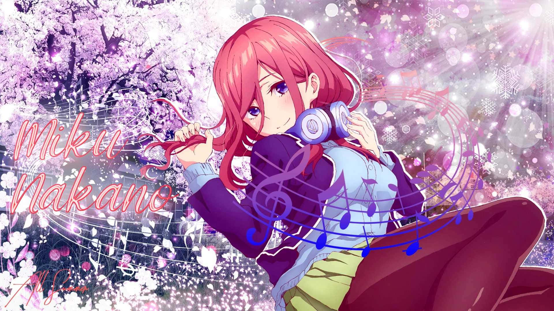 Miku Nakano 桌布 壁紙 — 一位開朗的動漫女孩，粉紅色頭髮，戴著耳機，在魔法櫻花紛飛和發光音符中微笑。