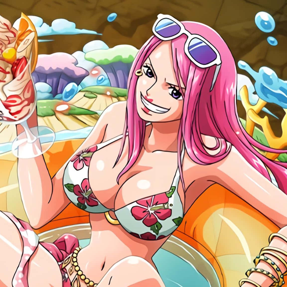 Jewelry Bonney 桌布 壁紙 — 一位開朗的動漫女孩，粉紅色頭髮，戴著太陽眼鏡，在泳池中放鬆，手持熱帶飲品，周圍是色彩繽紛的水下景色。