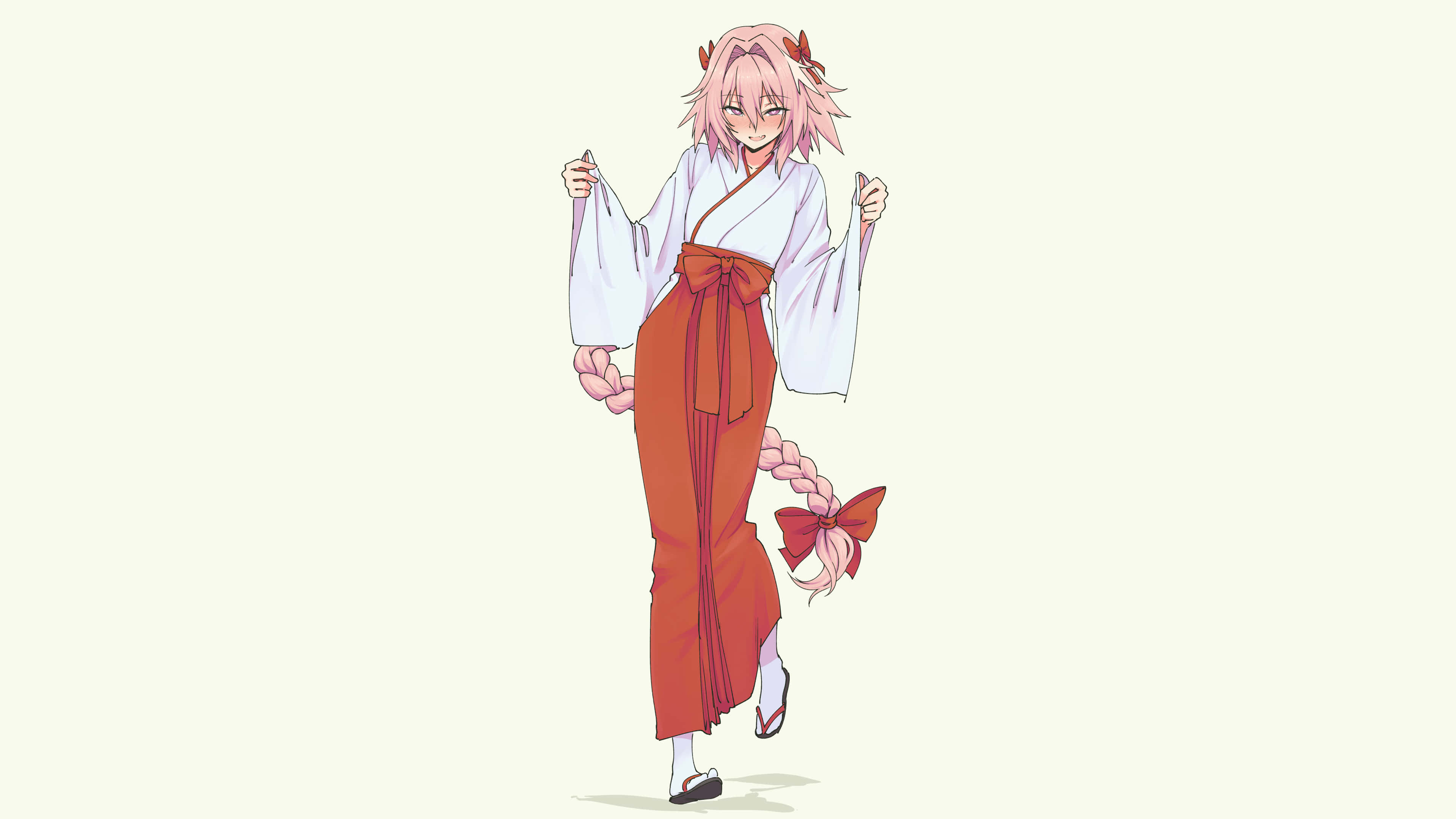 動漫女孩 桌布 壁紙 — 一位開朗的動漫女孩，粉紅色頭髮和狐狸耳朵，穿著白色和紅色的和服，背景是純奶油色。