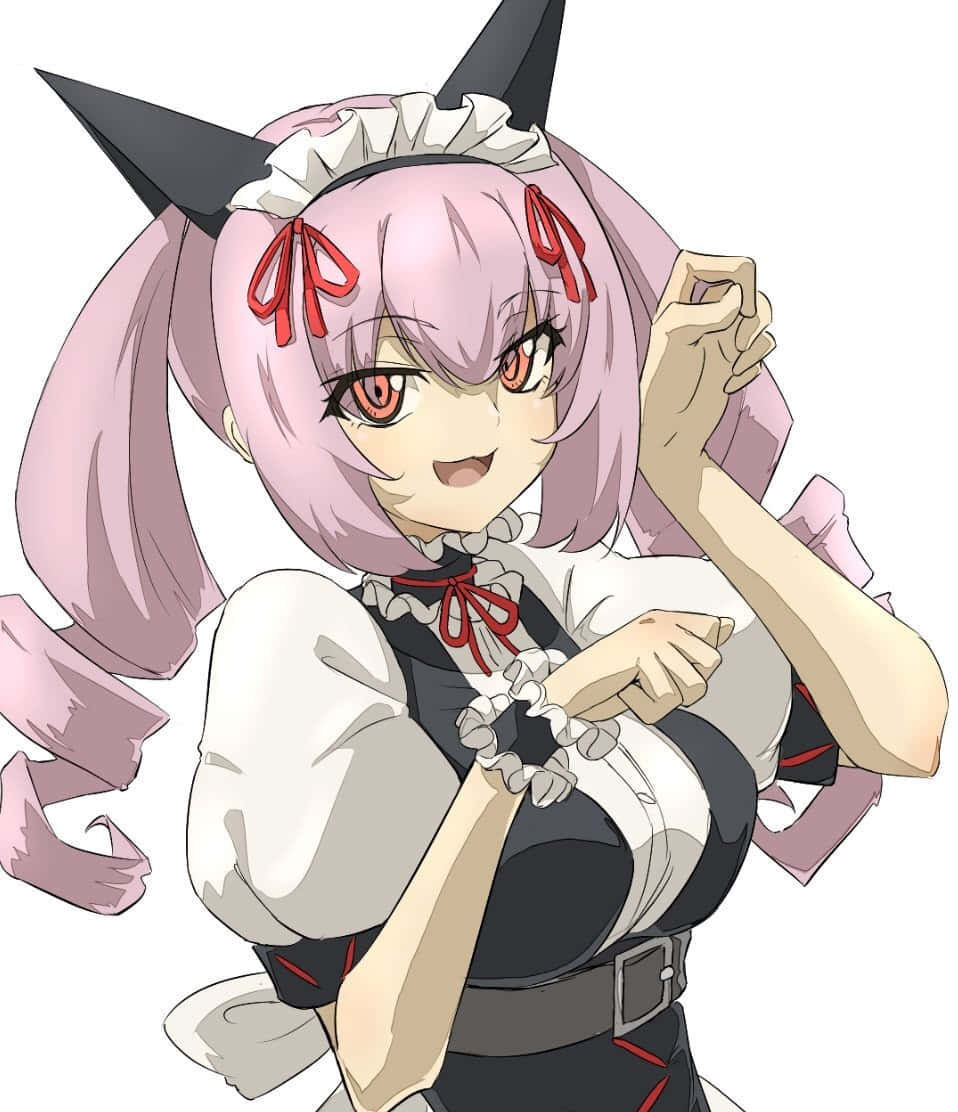 Faris Nyannyan 桌布 壁紙 — 一位開朗的動漫女孩，粉紅色頭髮和黑色角，穿著帶有紅色蝴蝶結的女僕裝，在白色背景前俏皮地擺姿勢。