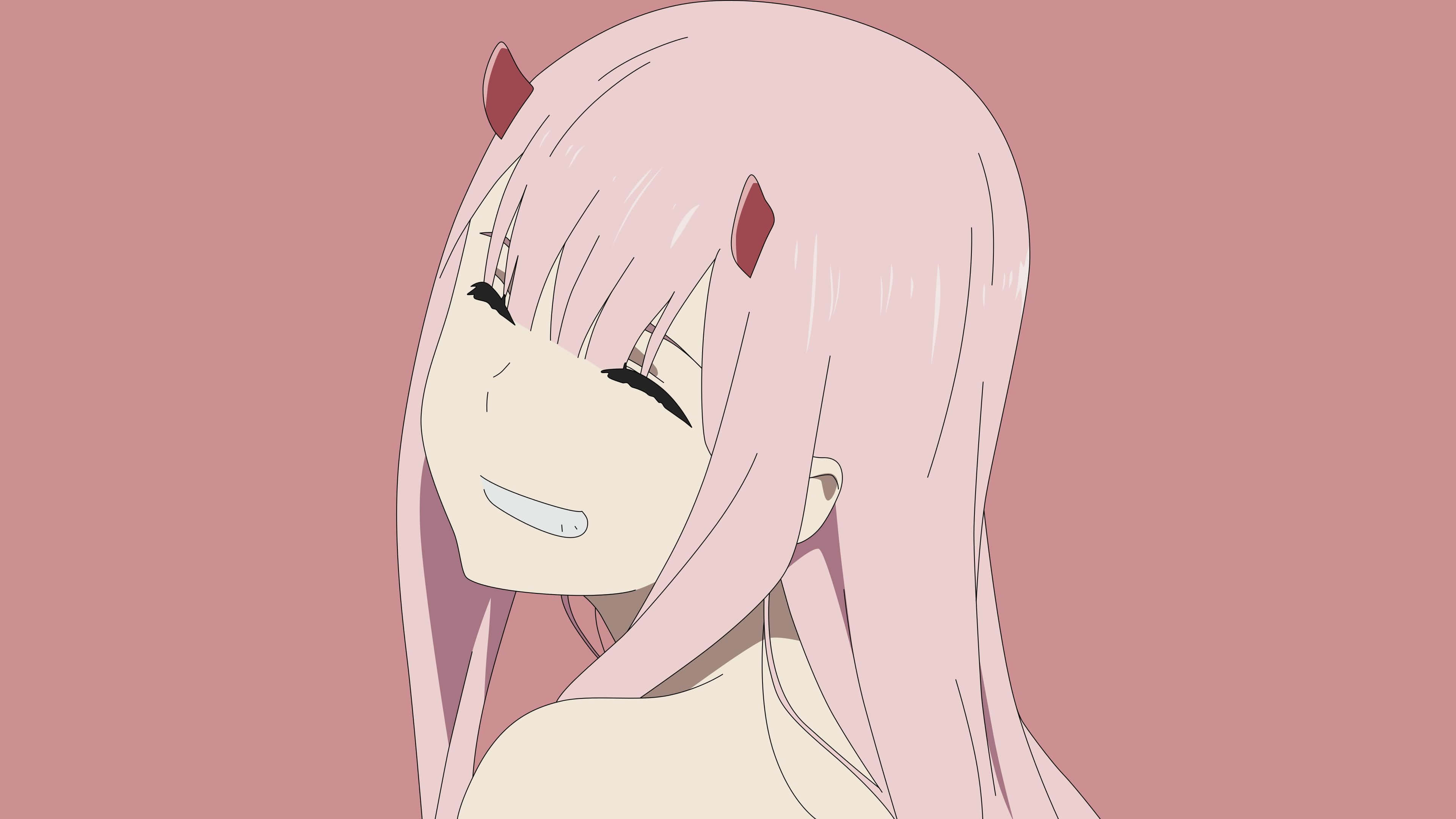 Zero Two Aesthetic 桌布 壁紙 — 一位開朗的動漫女孩，粉紅色頭髮和小小的紅色角，在純粉紅色背景上溫暖地微笑。