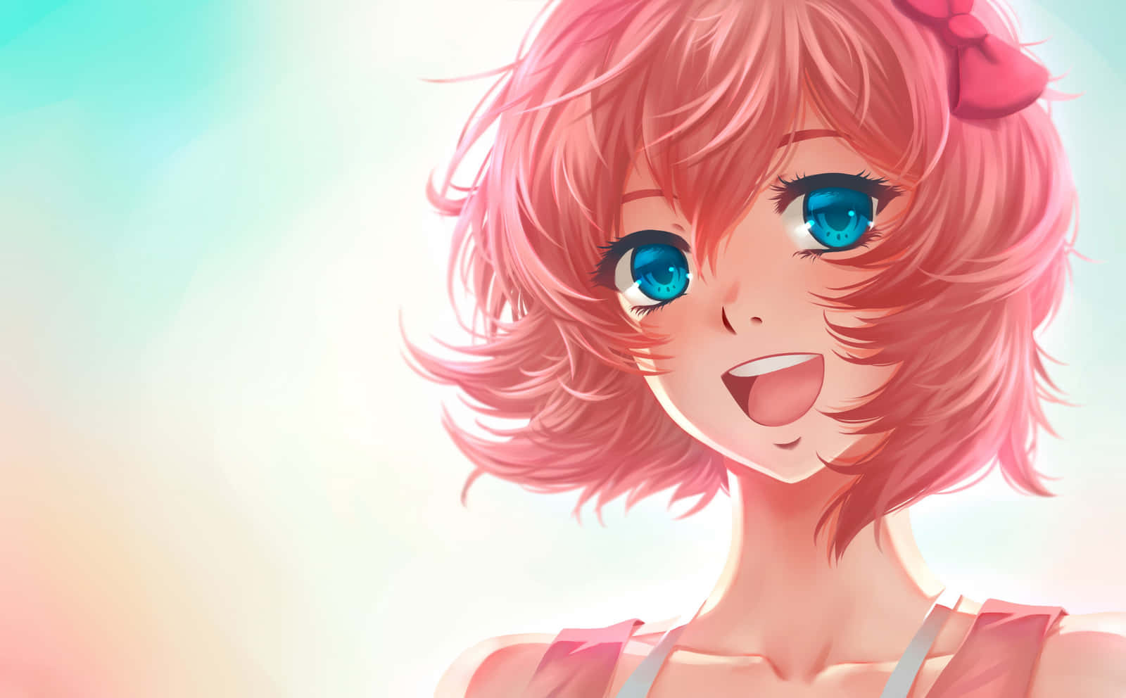 Ddlc 桌布 壁紙 — 一位開朗的動漫女孩，粉紅色頭髮和藍色眼睛，在柔和的粉彩漸變背景前燦爛微笑。