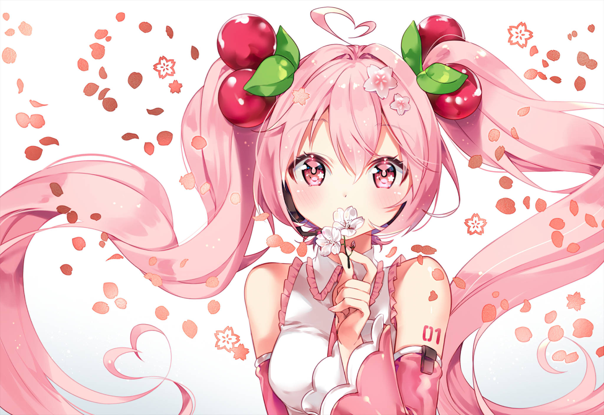 Pink Anime Aesthetic 桌布 壁紙 — 一位開朗的動漫女孩，粉紅色頭髮和櫻花飾品，在飄落的花瓣中手持一朵花。